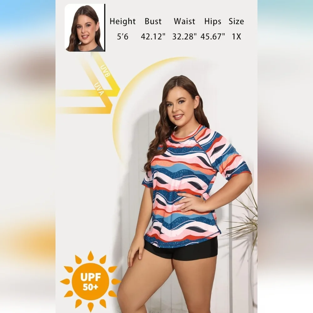 Two Piece PLUS SIZE Short Sleeve Rash Guard Colorful Wave Pattern Swim Set